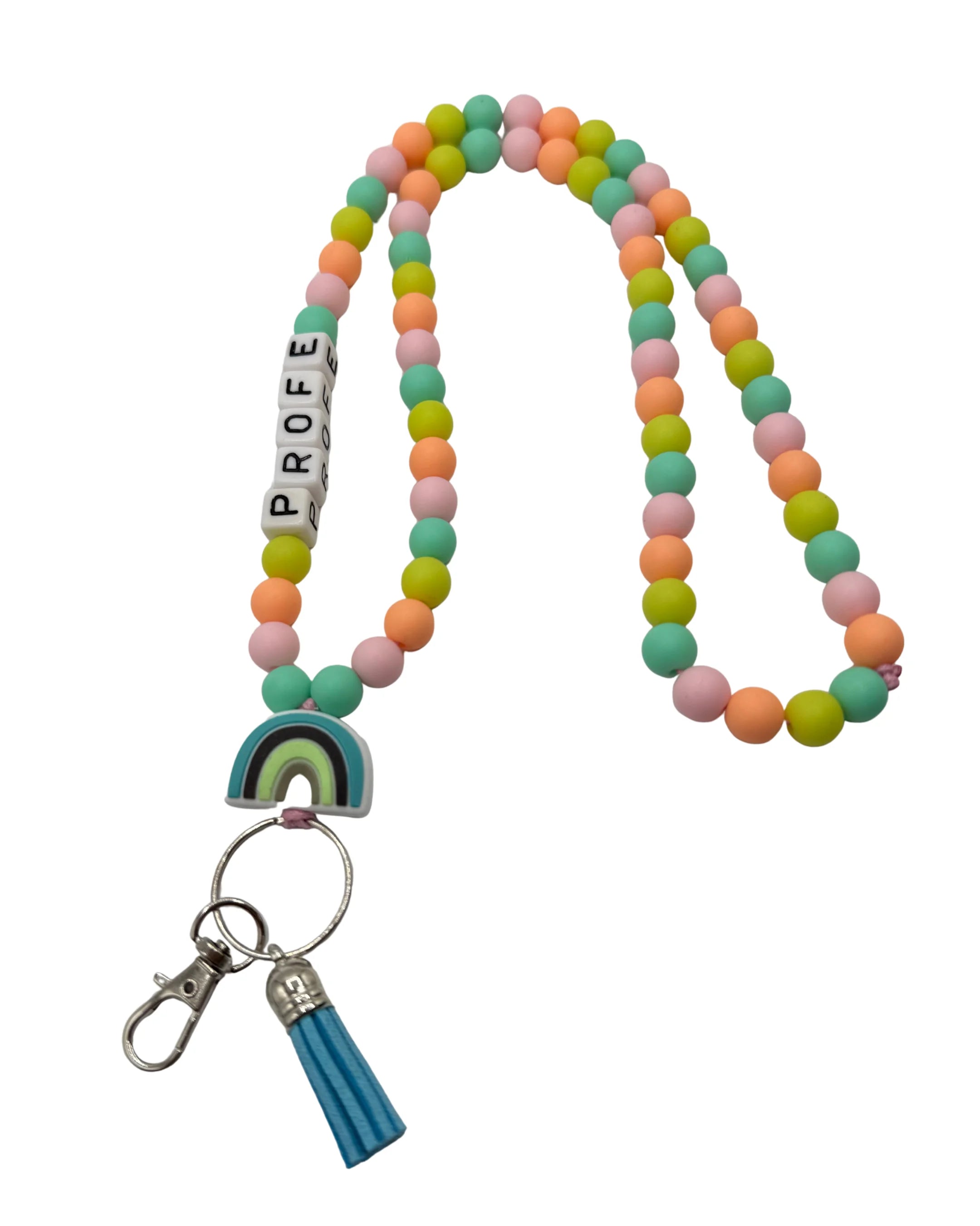 Lanyard con diseño para profesores en color morado y con broche en pvc con forma de arcoiris