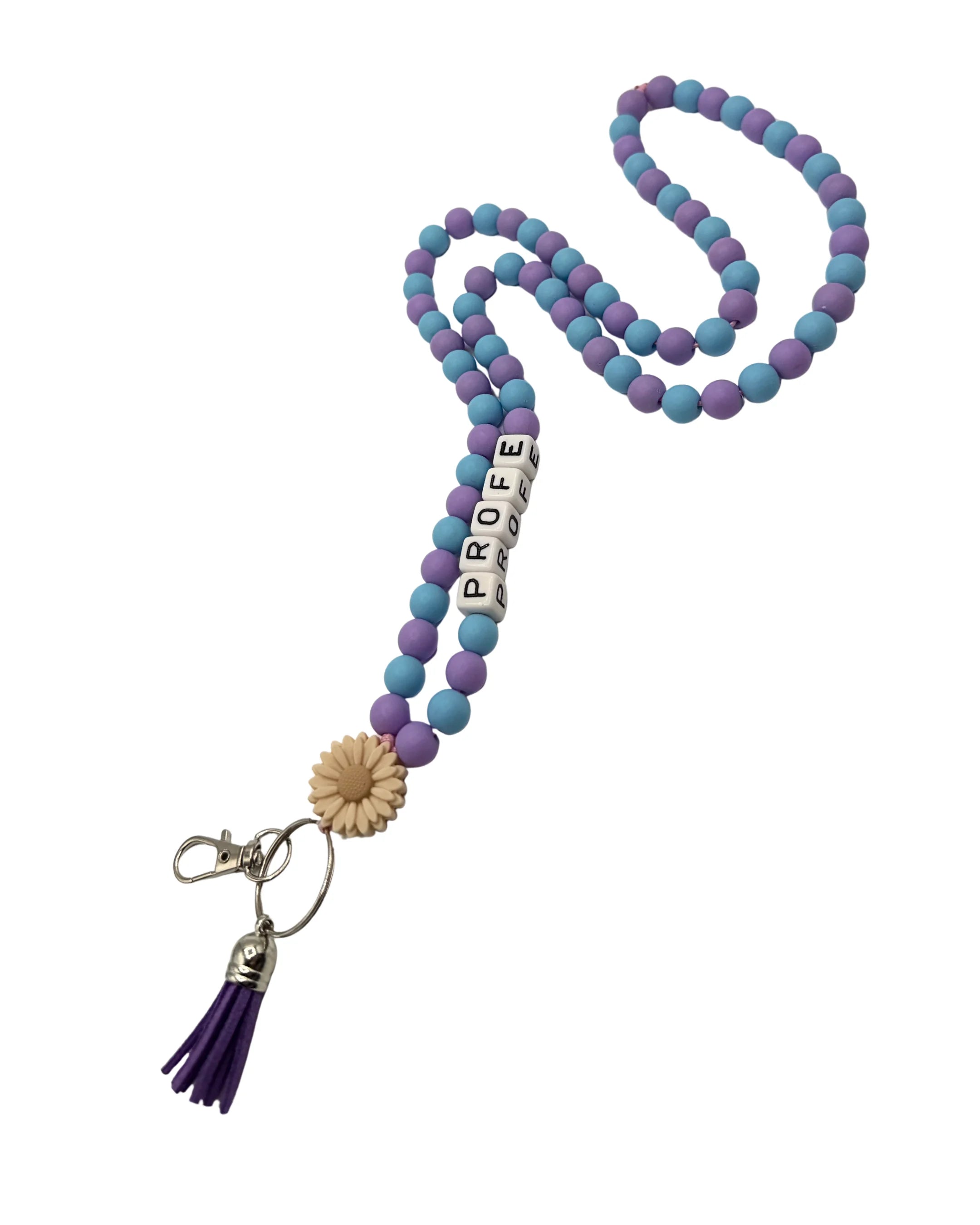 Lanyard con diseño para profesores en color morado y con broche en pvc con forma de flor 