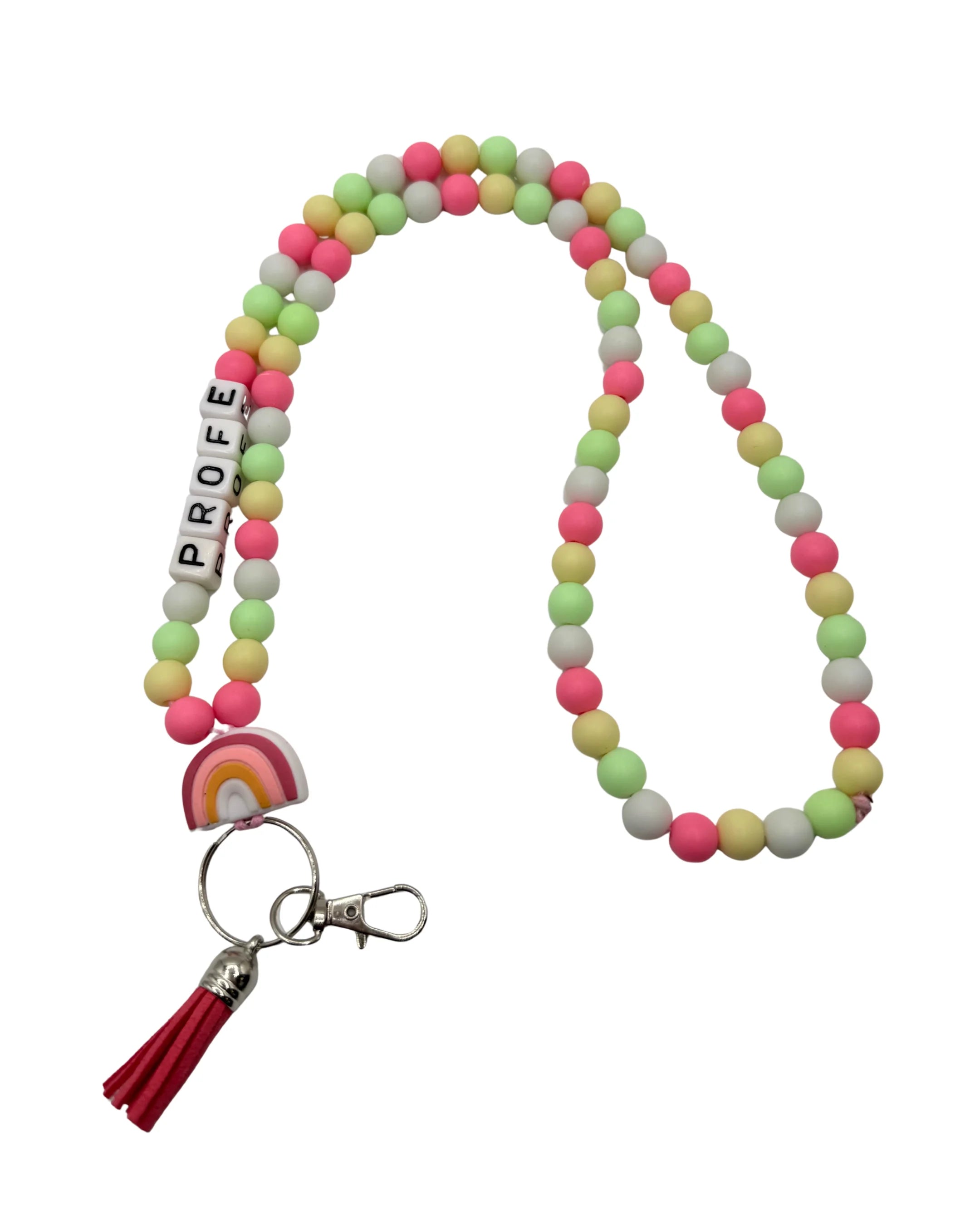 Lanyard con diseño para profesores en color morado y con broche en pvc con forma de arcoiris en color rosa