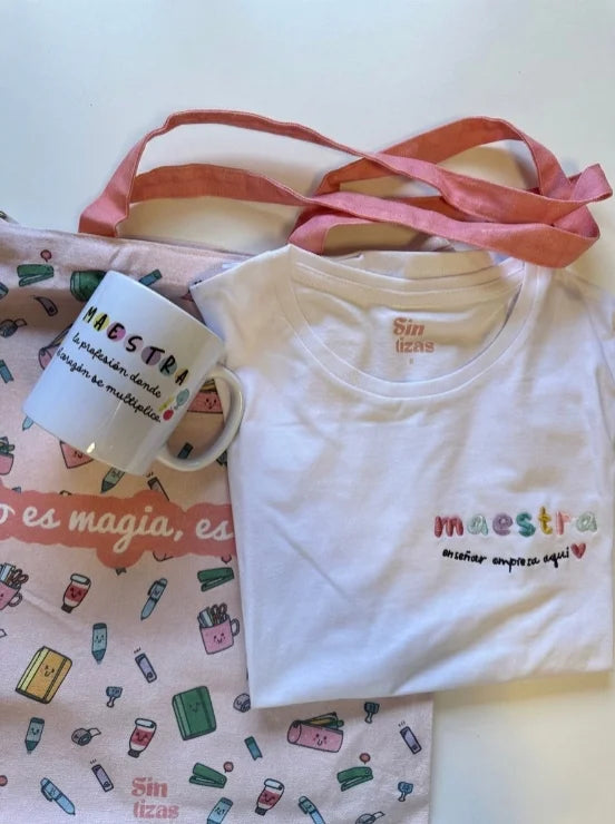 Pack regalo Maestra con tote bag, camiseta y taza para profesoras