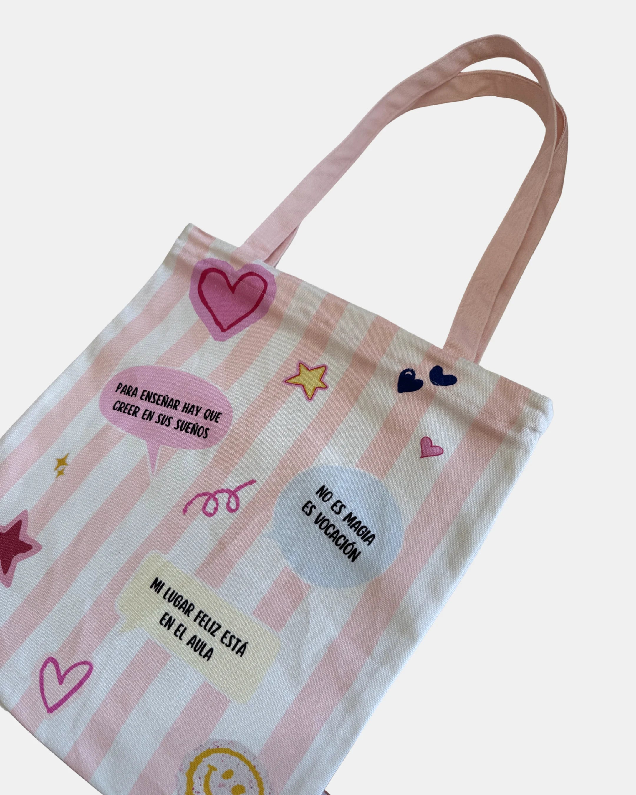 Tote bag de algodón con diseño colorido para maestras y seños.