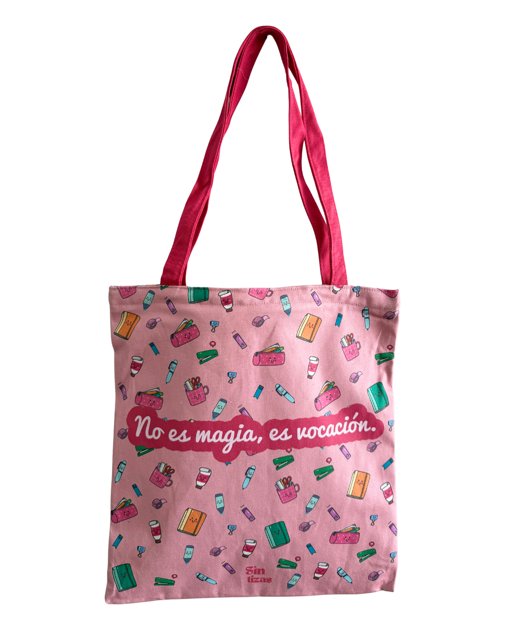 Tote bag de algodón y cierre de cremarella con diseño para profes y maestros.