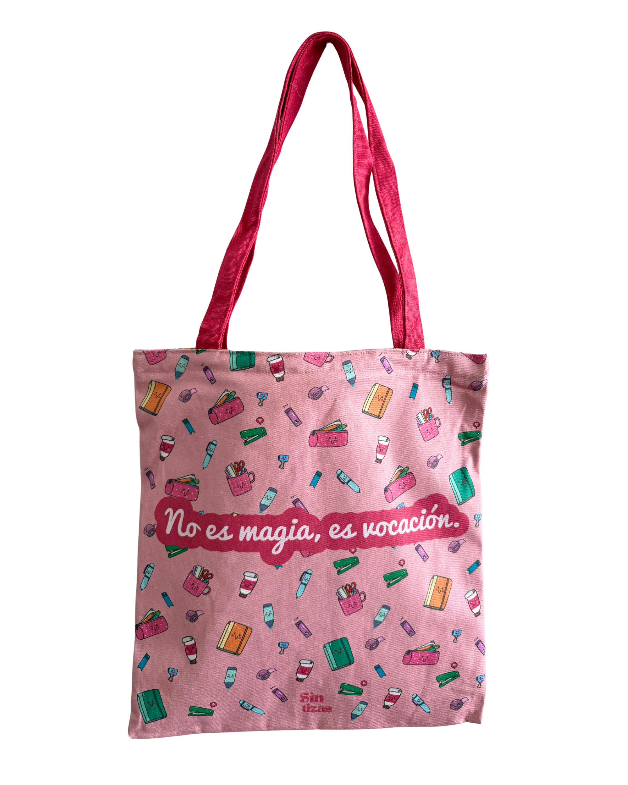 Tote bag de algodón y cierre de cremarella con diseño para profes y maestros.